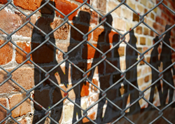 Silhouettes cast on a brick wall with a fence in the foreground walk in a straight line as though in a chained together.