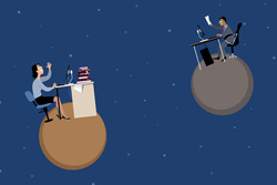 Illustration of two professionals working at their desks, each of which is sitting on an orb in the night sky.