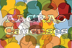 Background made of multi-colored silhouettes of heads with the words "AACRAO Caucuses" overlaid on top.