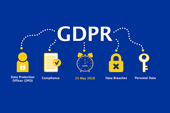 Solid blue background with the letters "GDPR" in the center and various icons such as a key, alarm clock, lock, etc positioned below the letters.