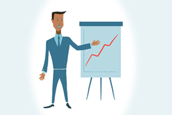 Cartoon male professional pointing at a graph with an upward trending line.