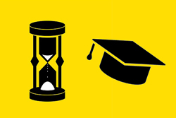 Solid yellow background with an hour glass on the left and a graduation cap on the right.