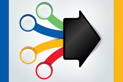 Black arrow pointing to the right with four colorful circles extending from the arrow by lines.