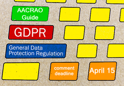 Cork board with various shapes of different colors on it, some of which have words on them such as the following; AACRAO guide, GDPR, comment deadline, April 15.