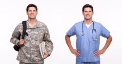 Male dressed in army fatigues on the left and then the same male dressed in scrubs on the right. 