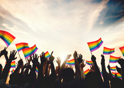 Crowd of silhouetted hands raised in the sky as they hold rainbow pride flags.