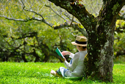 Figure wearing a hat sitting under a tree in a grassy field as they read.