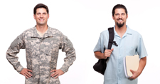 Male wearing military fatigues on the left and then the same male wearing civilian clothing and a backpack on the right.