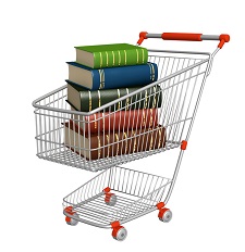 Shopping cart filled with a stack of large books.