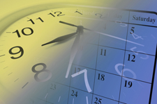 Image of a clock fades into an image of a calendar. 