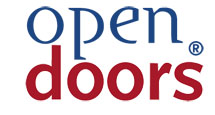 Plain white background with the words "open doors" written in simple font.