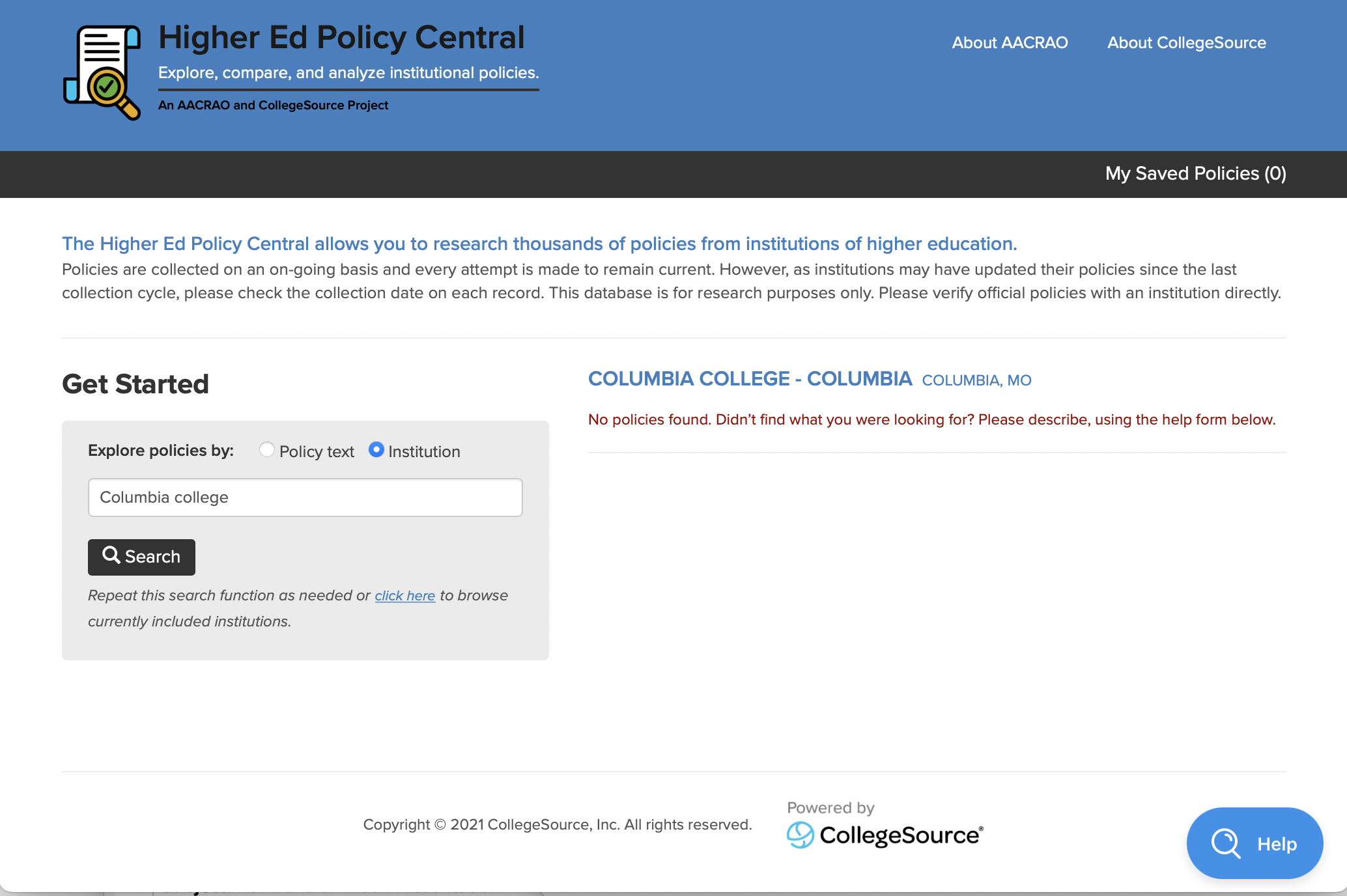 screenshot of higher education policy database help message