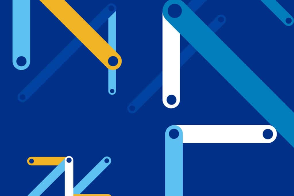 Abstract illustration of connected pipes and valves in blue and yellow on a dark blue background