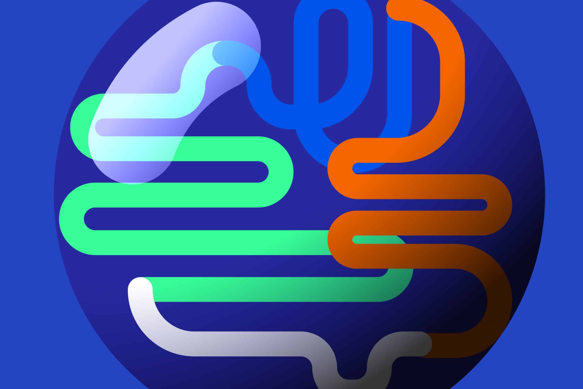 Abstract illustration of connected green and orange lines forming a brain-like shape