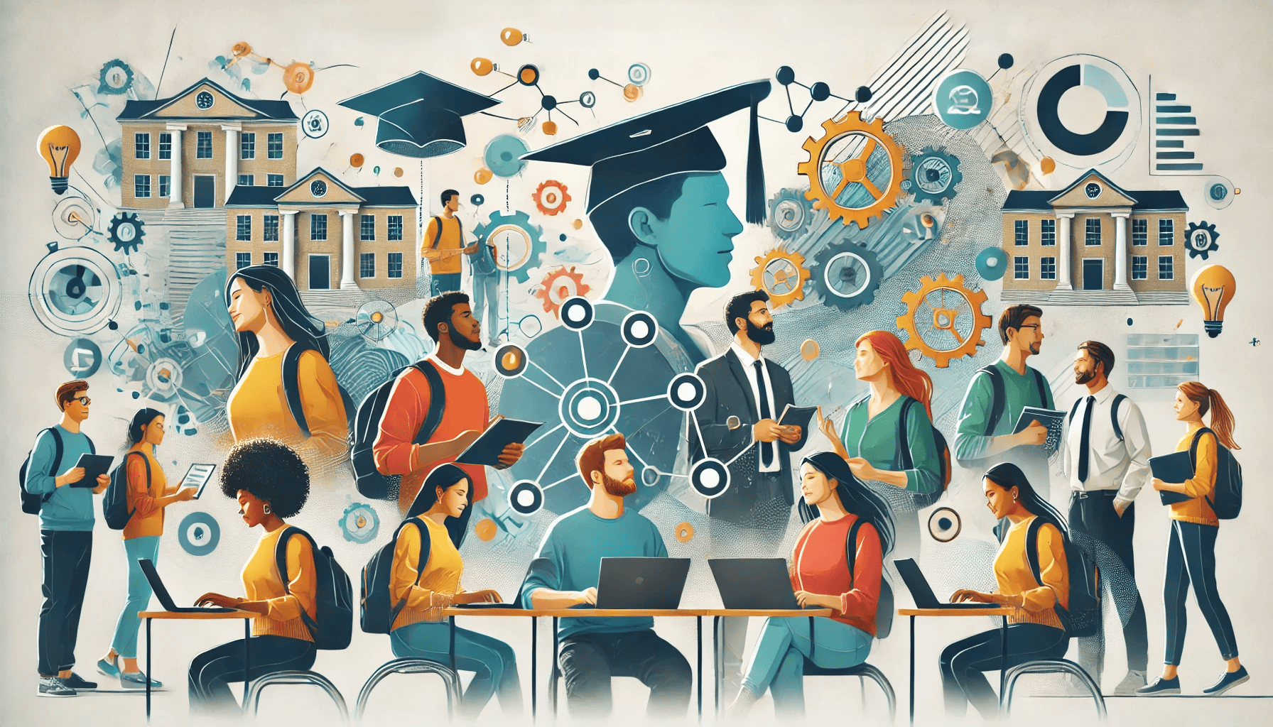 Students collaborating around laptops with graduation caps, schools, gears, and connected icons symbolizing education and innovation