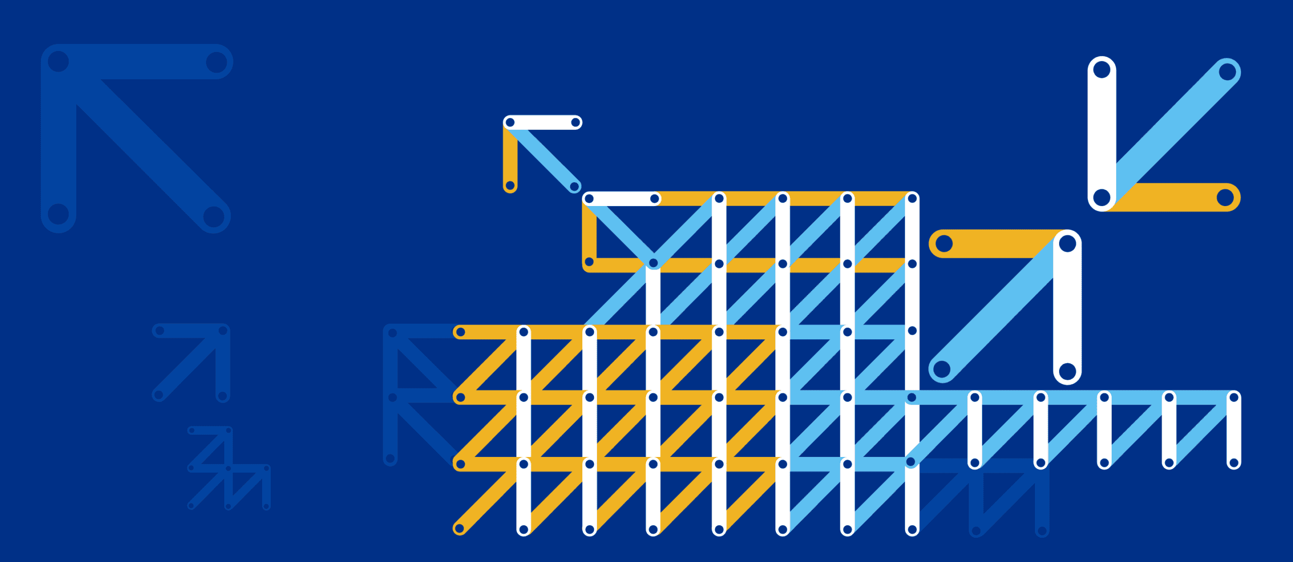 Blue background featuring arrow like graphics used in the Assembly branding