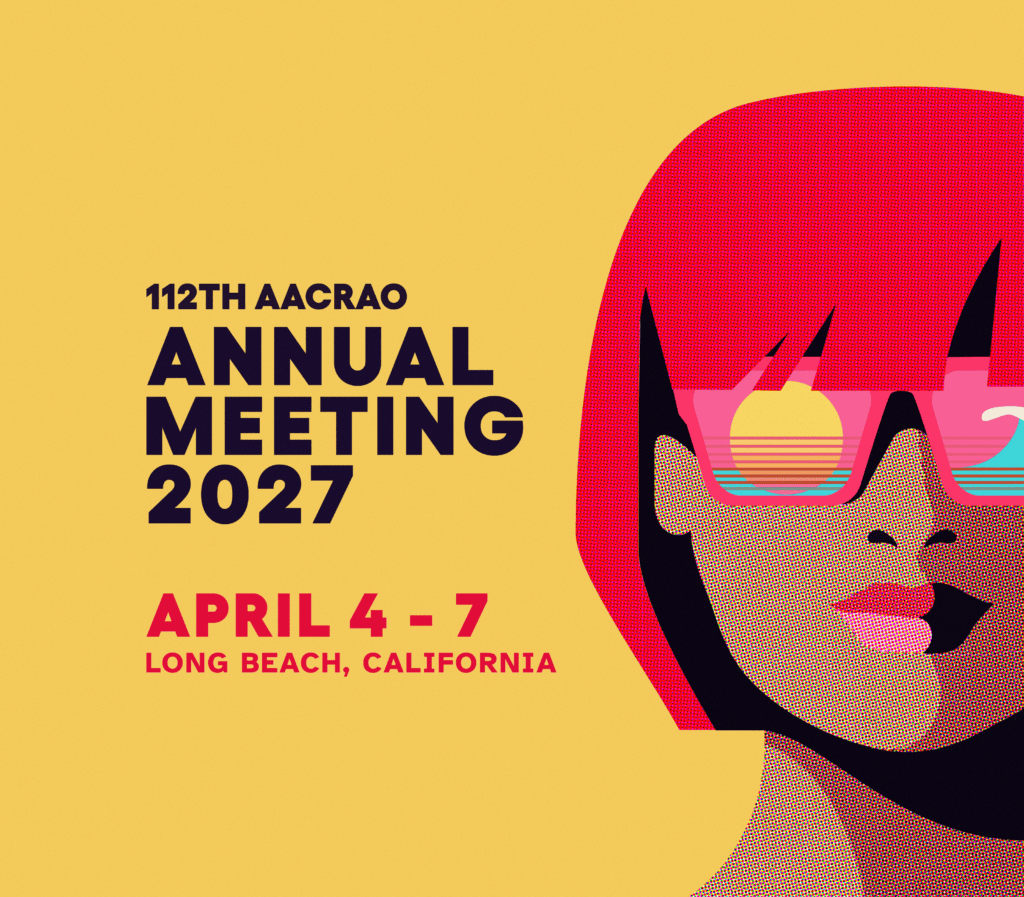 112th annual meeting graphic showcasing a pop art style woman face with red hair and pink sunglasses looking at a sunset at the beach