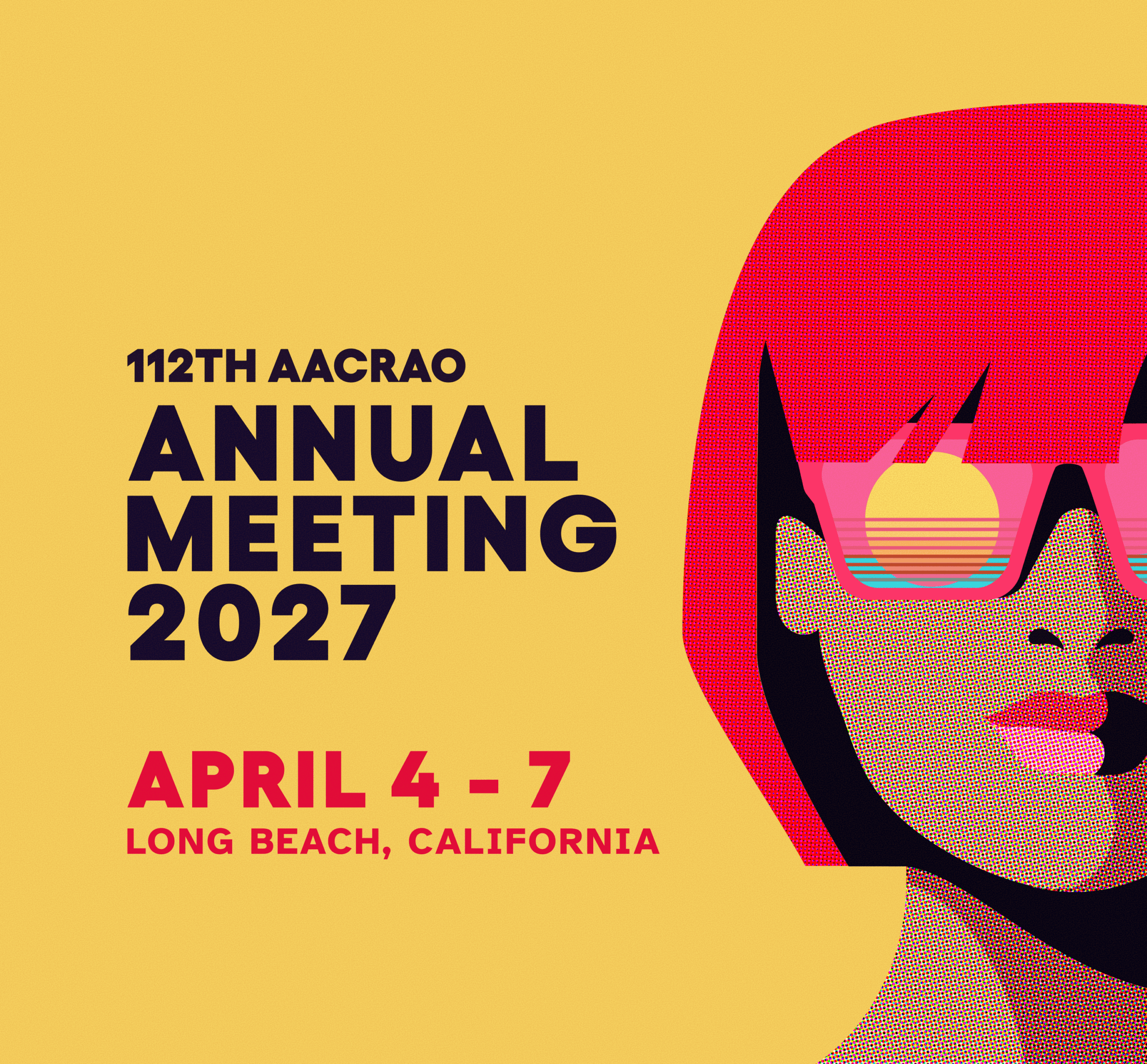 112th annual meeting graphic showcasing a pop art style woman face with red hair and pink sunglasses looking at a sunset at the beach