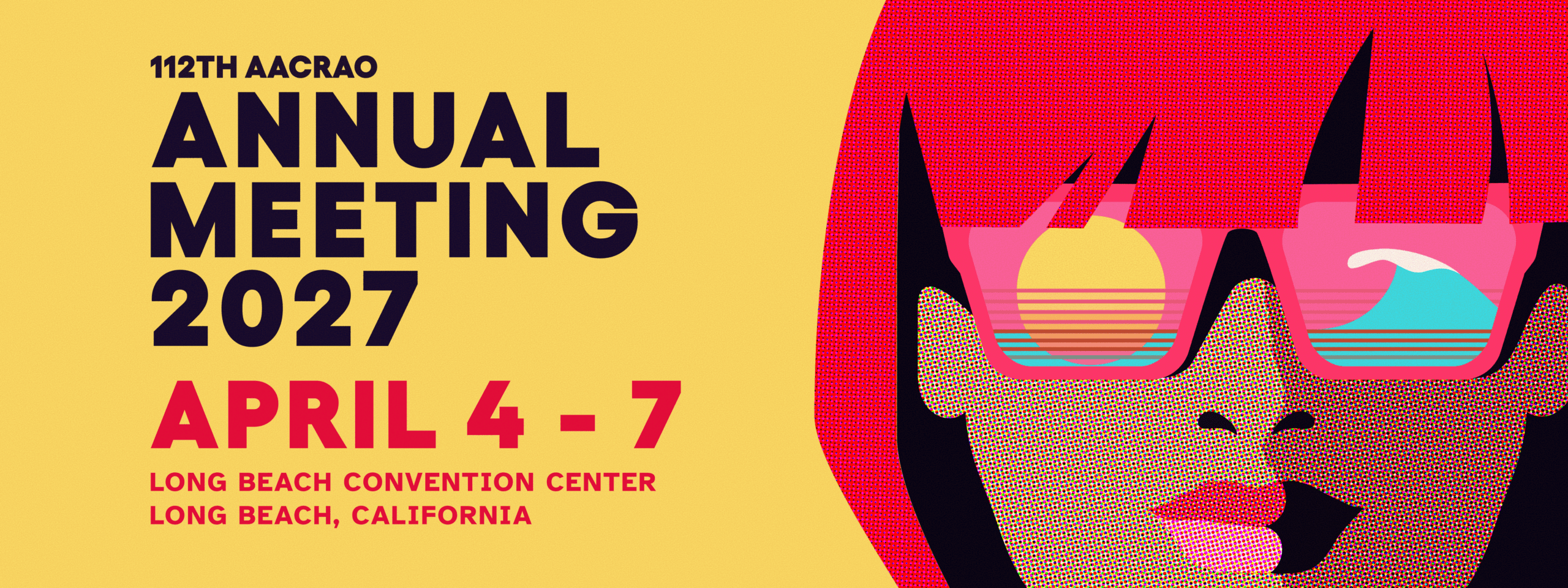 Annual Meeting 2027 graphic with yellow background and pop ar inspired woman face looking at a sunset over the sea