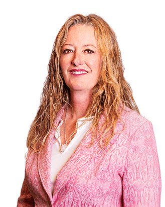 Portrait of a woman in a pink patterned blazer on a white background