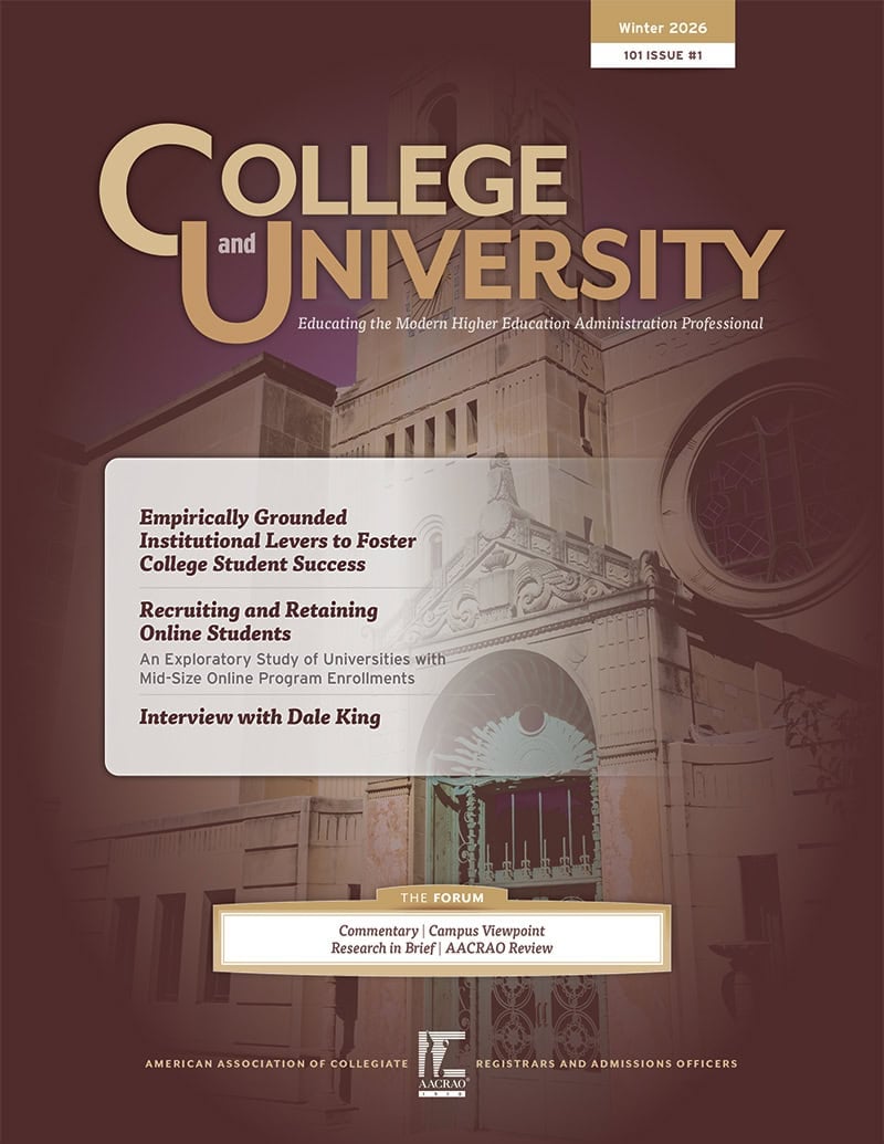 Cover of College and University, Winter 2026, with articles on student success, online students, and an interview with Dale King