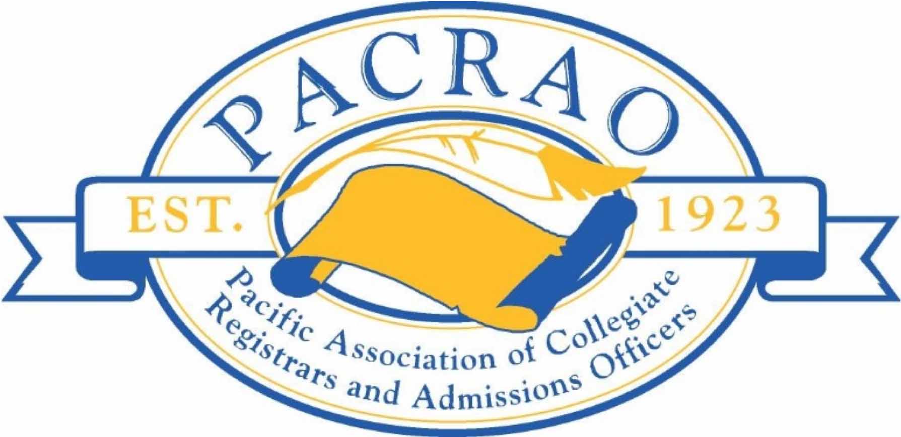 plain background with a yellow quill and paper in the center and the text "PACRAO, Pacific Association of Collegiate Registrars and Admissions Officers, 1923"