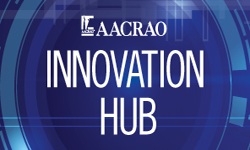 Web banner of various shades of blue that says "AACRAO Innovation Hub."