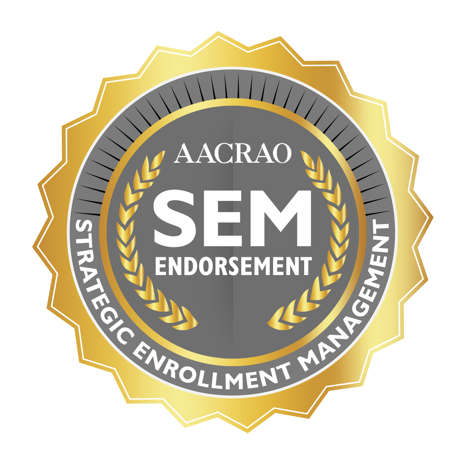 Accolade bordered in gold with the following text in the center: "AACRAO, Strategic Enrollment Management Endorsement".