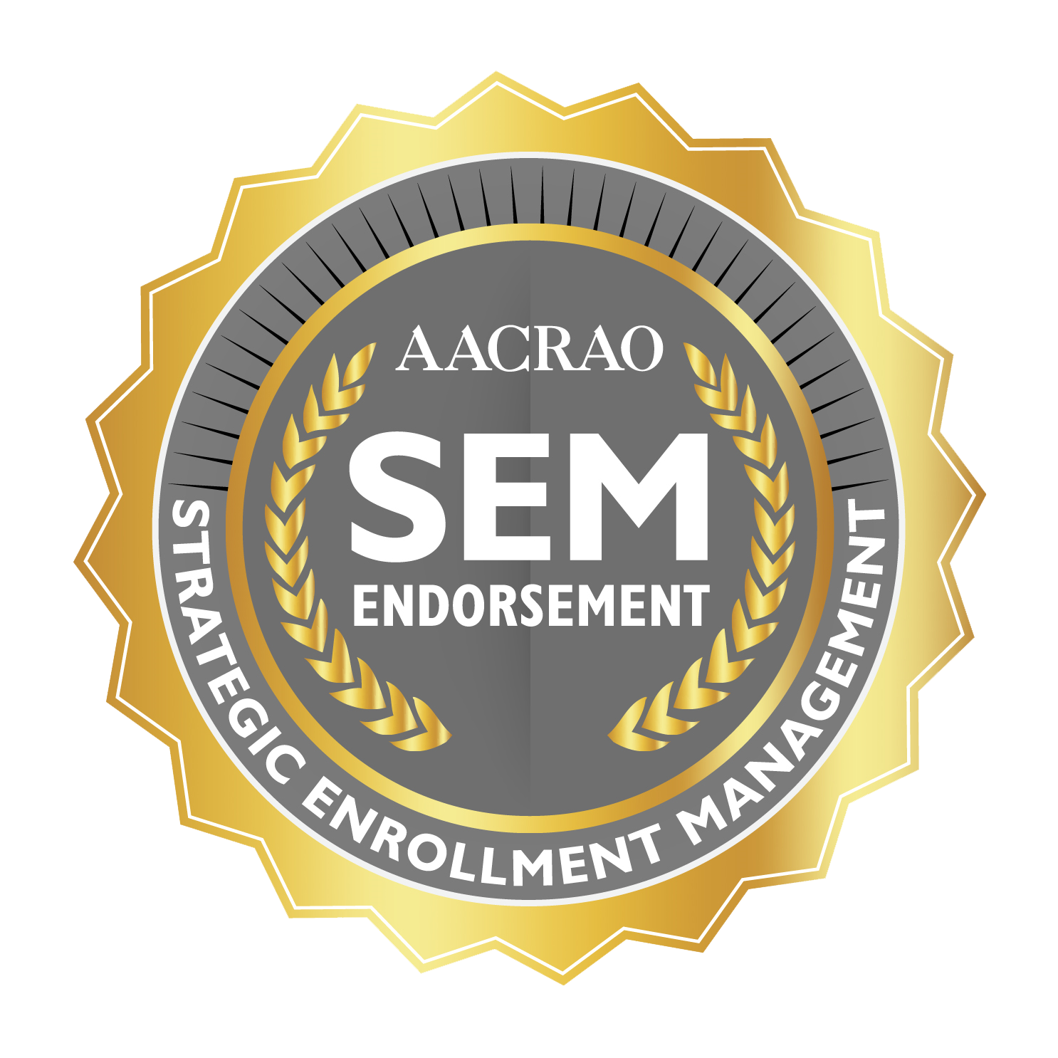 Golden badge with roman wreaths and the following text in its center: AACRAO SEM Endorsement.