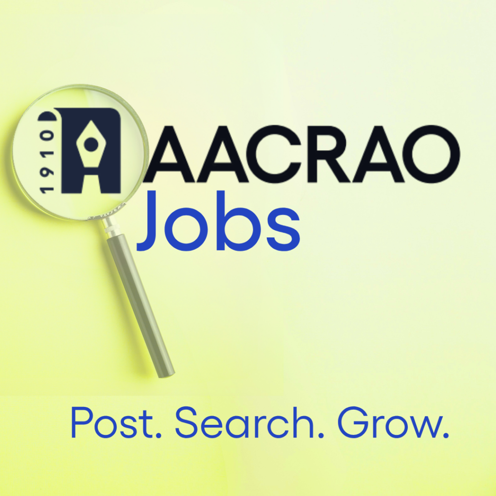 AAACRAO Jobs Post. Search. Grow. with a magnifying glass over a document icon