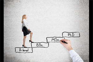 woman stepping up blocks from A-level to BSC, MSc and PhD