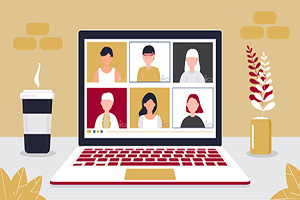 illustrated image of a laptop with a multi-participant video call on the screen