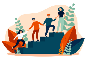 group of illustrated figures work together to climb turquoise stairs