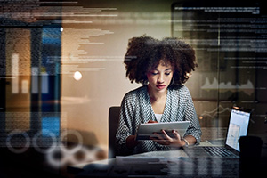 Young woman working with data.