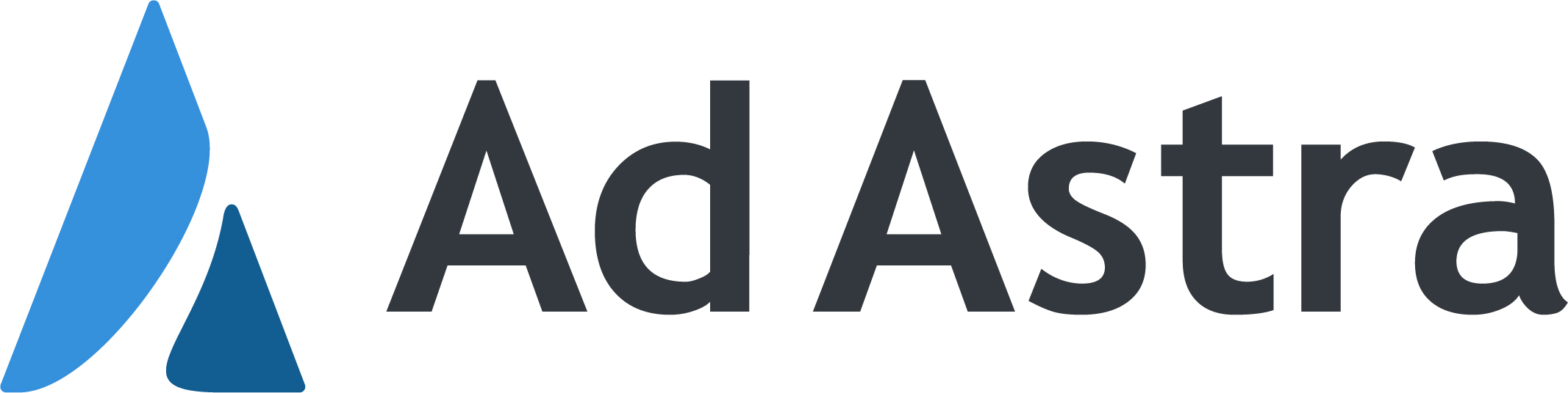 blue triangle with a split in the middle next to the text 