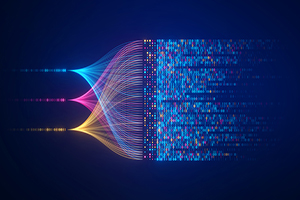 Abstract digital data flowing into a glowing server-like shape