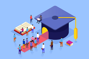 illustrated graduation cap with a doorway in the side and figures waiting in line on red carpet extending from the opening