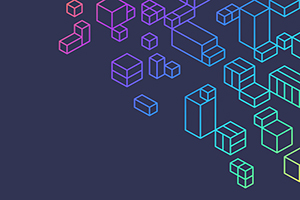 dark blue background with an array of rainbow colored square and rectangular boxes