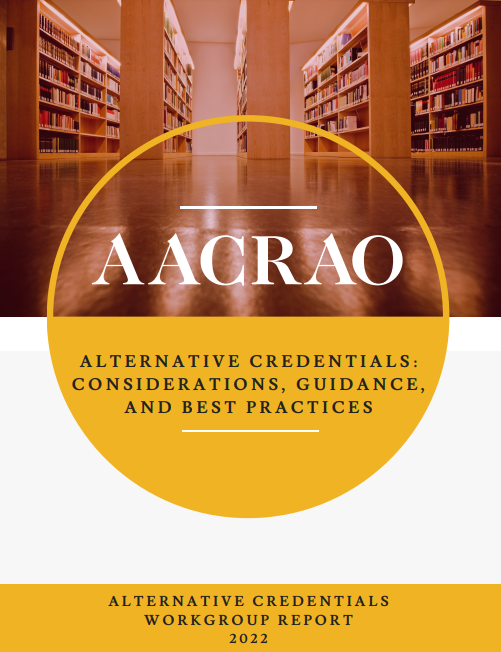 Report cover titled "Alternative Credential" that features rows of library bookshelves.