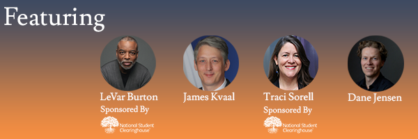 Banner of plenary speakers at the 107th AACRAO Annual Meeting featuring LeVar Burton, James Kvaal, Traci Sorell, and Dane Jensen.