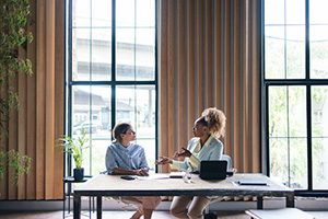 Two professionals working at a desk.