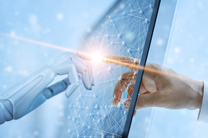 human and robot hand touch one another through a glass pane