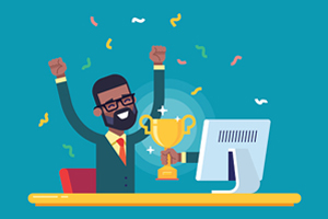cartoon man celebrates as a hand holding a trophy extends from his computer screen