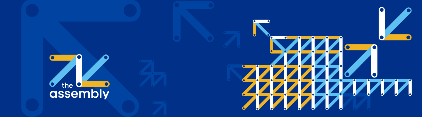 the assembly logo with a circuit-style arrow and dotted path on a blue background
