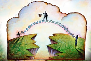 landmass with a large crack in the middle and 2 people on opposite sides of the crack. A third person walks across a bridge extending from both people on either side of the crack