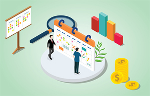 illustration of two people looking at calendar surrounded by piles of coins, graphs and magnifying glass