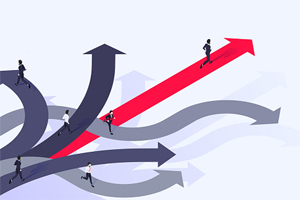 multiple winding grey arrows with people walking along them, representing career paths, and one red arrow pointing straight
