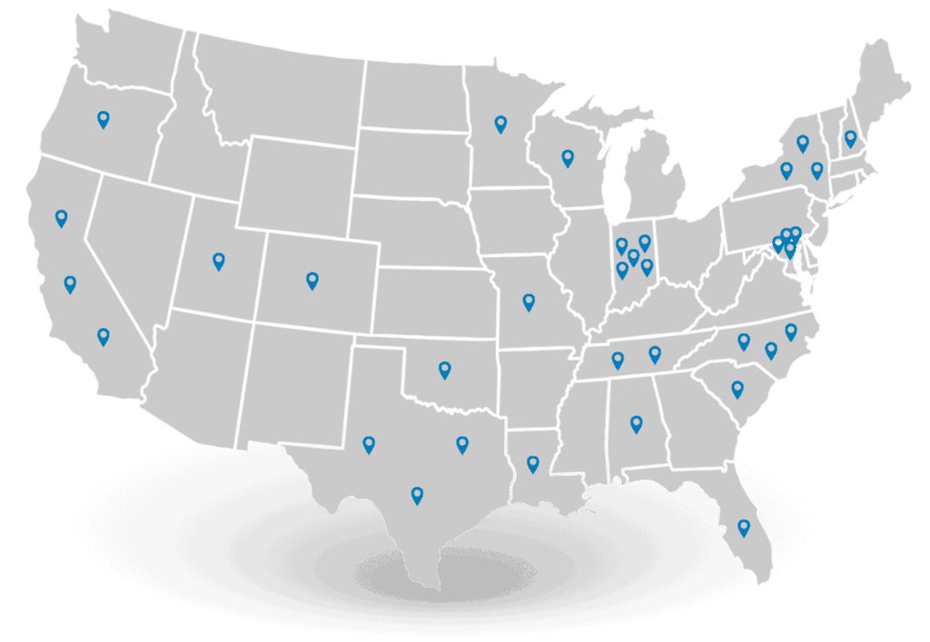 USA map split by states with pins on relevant states