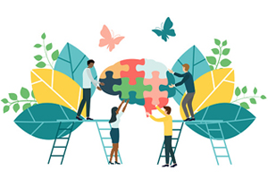 cartoon figures work together to assemble a puzzle of a brain