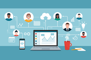illustrated laptop with cartoon headshots and graphs extending from the screen